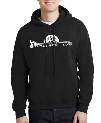 man wearing black hoodied sweatshirt with large parker productions logo on chest